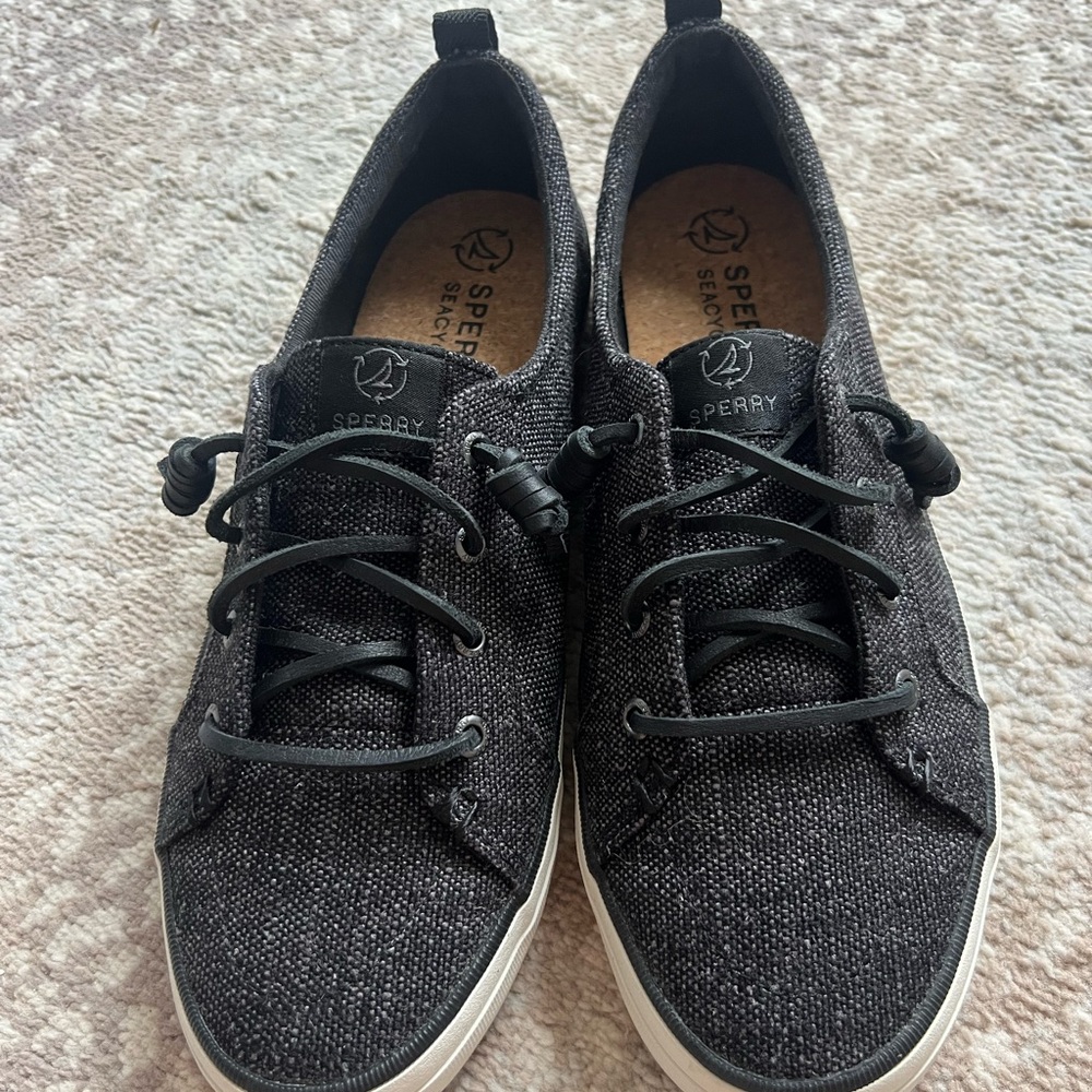 Sperry Black Boat Shoes with Textured Fabric and White Sole